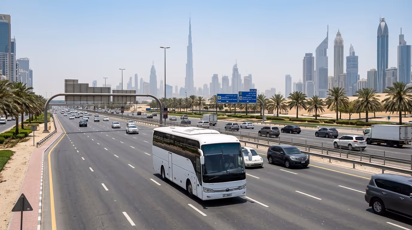 Dubai luxury bus rental — coach on city highway at sunset
